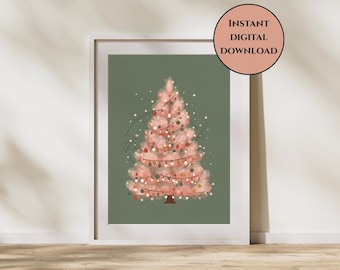 Rosa Weihnachtsbaum Print-Sparkly Weihnachtsbaum Print-Pastell Urlaub Kunst-Retro Urlaub Wand Dekor-Rosa Weihnachten Dekor-Urlaub Dekor