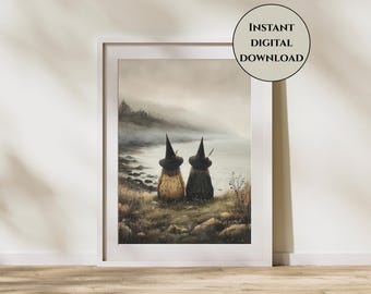 Halloween Witches Digital Print-Mystical Halloween Wall Art-Spooky Coastal Witchy Decor-Spooky Cottagecore-Vintage Witch Wall Art-Fall Scene