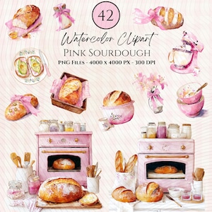Puede incluir: Ilustración en acuarela de pan de masa madre rosa, utensilios de horneado y electrodomésticos de cocina. La imagen incluye varios panes, una batidora de pie rosa y un horno rosa. El texto dice "42 Watercolor Clipart Pink Sourdough".