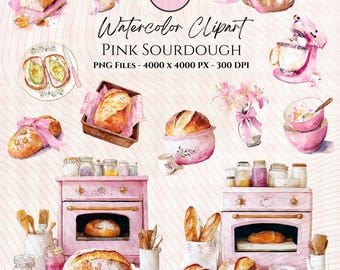 Sourdough Clipart-Pink Sourdough Clipart Set-Baking Clipart-Cottagecore Pink Kitchen Art-Artisan Bread Illustrations-Cottagecore Clipart
