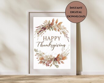 Happy Thanksgiving Wreath Print-Thanksgiving Wall Art-Rustic Fall Floral Wall Art-Autumn Harvest Digital Download-Happy Thanksgiving Print