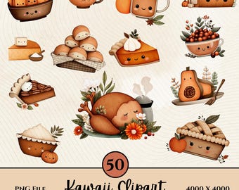 Thanksgiving Food Clipart Bundle-Kawaii Thanksgiving Clipart-Kawaii Clipart-Thanksgiving Invitation-Thanksgiving Decor-Turkey PNG-Pie PNG
