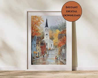 New England Fall Print-Rainy Autumn Wall Art-Farmhouse Decor-Fall Landscape Digital Download-Fall Gallery Wall Art-Autumn Decor-Fall Decor