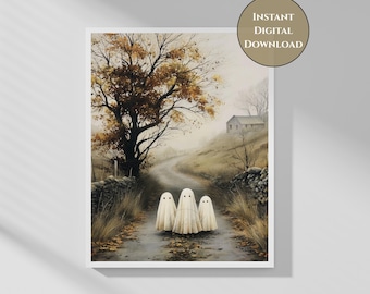 Vintage Ghost Wall Art-Whimsical Halloween Digital Download-Cozy Autumn Ghost Trio Decor-Spooky Cute Fall Printable-Autumn Road-Cottagecore