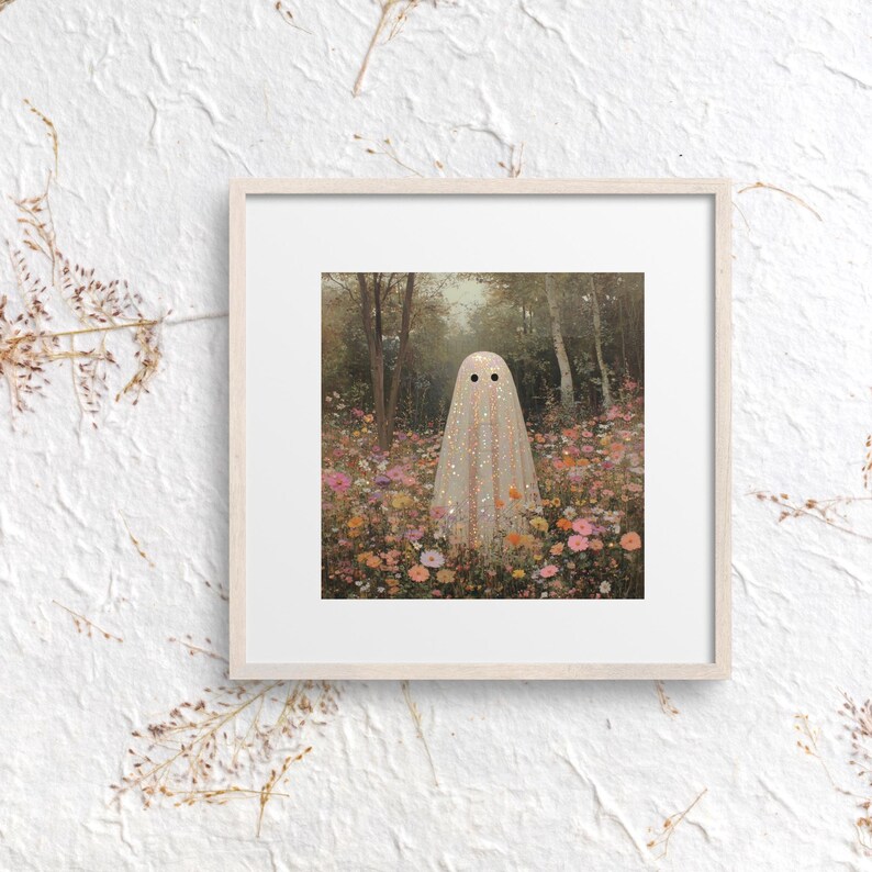 May include: A framed art print featuring a whimsical ghost figure in a forest setting. The ghost is draped in a shimmering, light-colored fabric and stands amidst a field of colorful wildflowers. The artwork is set within a light-colored wooden frame.