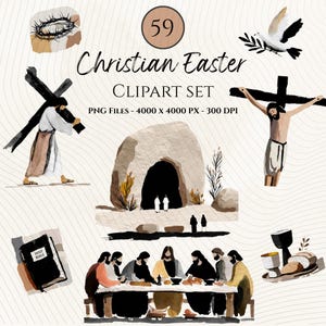 Könnte beinhalten: Aquarell-Clipart-Set mit christlichen Ostermotiven. Enthält Illustrationen von Jesus, der das Kreuz trägt, dem letzten Abendmahl, einer Taube, einem Grab, einer Dornenkrone und einer Bibel. Der Text "Christian Easter" ist zu sehen.