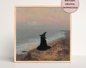 Halloween Witch Wall Art-Ocean Cliff Digital Print-Sparkly Witch Print-Mystical Halloween Wall Art-Witchy Coastal Decor-Spooky Season Decor