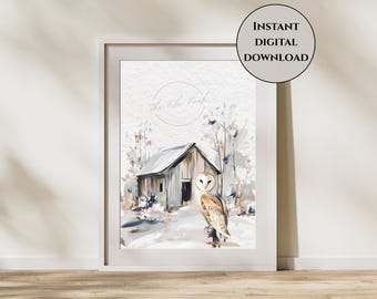 Barn Owl Art Print-Winter Barn Print-Rustic Farmhouse Wall Art-Neutral Woodland Animal Print-Cottagecore Print-Owl Wall Art-Farmhouse Decor