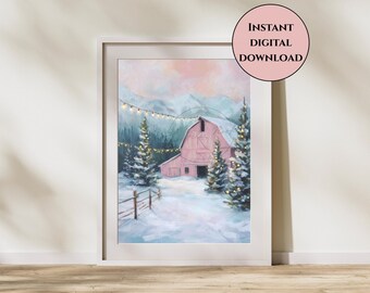 Rosa Weihnachtsscheune Druck-Weihnachts Scheune Wand Kunst-Pastell Urlaub Dekor-Rosa Weihnachtsdekoration-Verschneite Weihnachten Druck-Winter Bauernhaus Druck