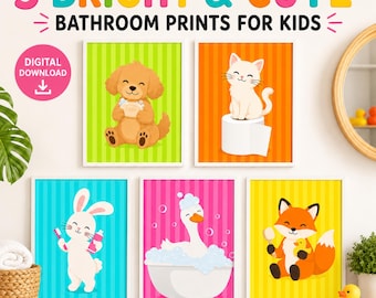 Kinder Badezimmer Wand Kunst Set-Tier Badezimmer Druck Set-Badezimmer Galerie Drucke-Badezimmer Dekor für Kinder-Bunte Badezimmer Wandkunst