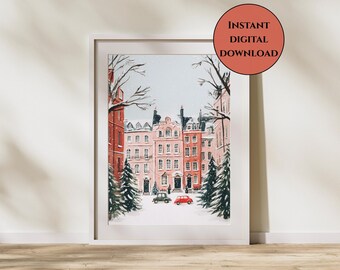 Winter Street Wand Kunst-Urlaub Wohnkultur-Verschneite Stadt Print-Weihnachtsdeko-Weihnachtsstraße Wand Kunst-Pastell Urlaub Szene