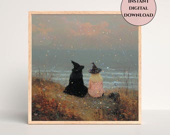 Witch Friends Digital Print-Sparkly Witch Print-Halloween Witch Wall Art-Halloween Wall Art-Ocean Cliff Print-Mystical Halloween Wall Art