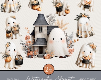 Cute Boho Halloween Ghosts Clipart-Kawaii Clipart-Whimsical Ghost Bundle-Spooky Cute Ghost-Sublimation & Crafts-Pastel Aesthetic-Cottagecore