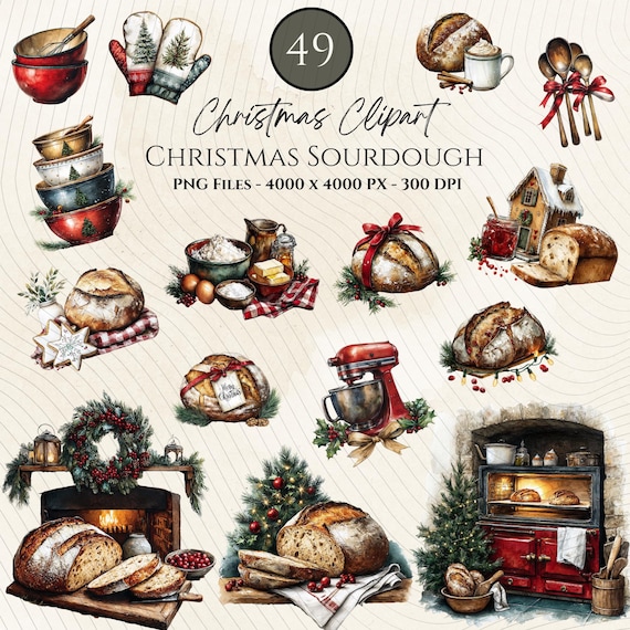 Sourdough Clipart-Artisan Bread Clipart-Christmas Sourdough Clipart-Christmas Baking Clipart-Baking Graphic-Vintage Farmhouse Clipart