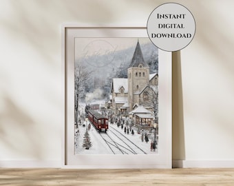 雪の駅のプリント - 駅のプリント - クリスマス列車の壁アート - 冬の鉄道の風景 - ホリデーヴィンテージスタイルの装飾 - クリスマスの壁アート