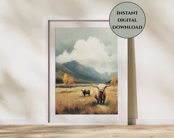 Highland Cows Print-Highland Cows in Meadow Digital Print-Rustic Farmhouse Wall Art-Mountain Landscape Print-Farmhouse Decor-Cow Wall Art