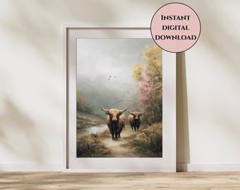 Highland Cows Wall Art-Farmhouse Wall Art-Farmhouse Decor-Cottagecore Decor-Cow Wall Art-River Wall Art-Highland Cow Print-Pastel Wall Decor