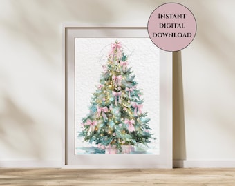 Kokette Schleife Weihnachtsbaum Druck-Elegante Urlaub Wandkunst-Pastell Weihnachtsdekor-Girly Weihnachtsbaum Druck-Rosa Schleife Weihnachtswandkunst