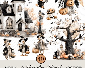 Halloween Geese Clipart PNG-Cute Goose in Costumes-Halloween Clipart Bundle-Cottagecore Halloween-Silly Goose-Watercolor Clipart Bundle