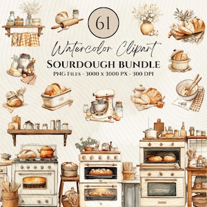 May include: Watercolor clipart bundle featuring sourdough bread baking illustrations. The image includes ovens, a stand mixer, bread loaves, and kitchen accessories. The text reads "61 Watercolor Clipart SOURDOUGH BUNDLE PNG FILES - 3000 x 3000 PX - 300 DPI."