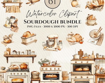 Rustic Sourdough Clipart Set-Artisan Bread-Baking Tools-Mixers & Bowls-Cottagecore-Baking Graphic-Vintage Farmhouse Clipart-Watercolor PNG