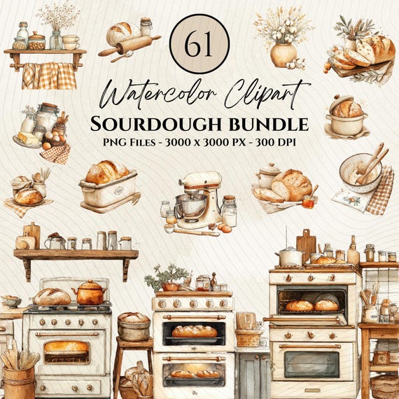 Rustic Sourdough Clipart Set-Artisan Bread-Baking Tools-Mixers & Bowls-Cottagecore-Baking Graphic-Vintage Farmhouse Clipart-Watercolor PNG