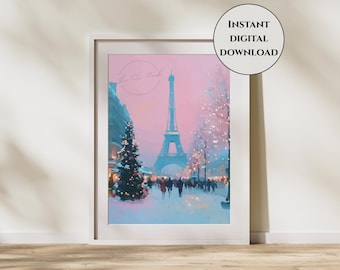 Paris jultryck - Paris vintertryck - Eiffeltornets tryck - Eiffeltornets julväggkonst - Rosa juldekor - Paris väggkonst - Högtidskonst