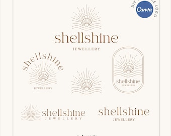 May include: A collection of brown logos for "shellshine jewellery" featuring a seashell, sunburst, and waves. The logos are in various arrangements, including circular and rectangular frames. The words "DIY Editable Logo" are in a blue circle.