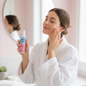 May include: A woman in a white robe applies cream to her face. She holds a blue and pink bottle of "mooi nooi" body rescue lotion. A round mirror and a white countertop are in the background.