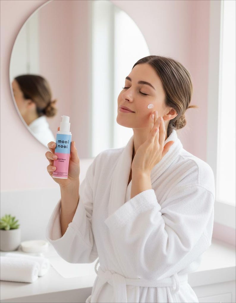 May include: A woman in a white robe applies cream to her face. She holds a blue and pink bottle of "mooi nooi" body rescue lotion. A round mirror and a white countertop are in the background.