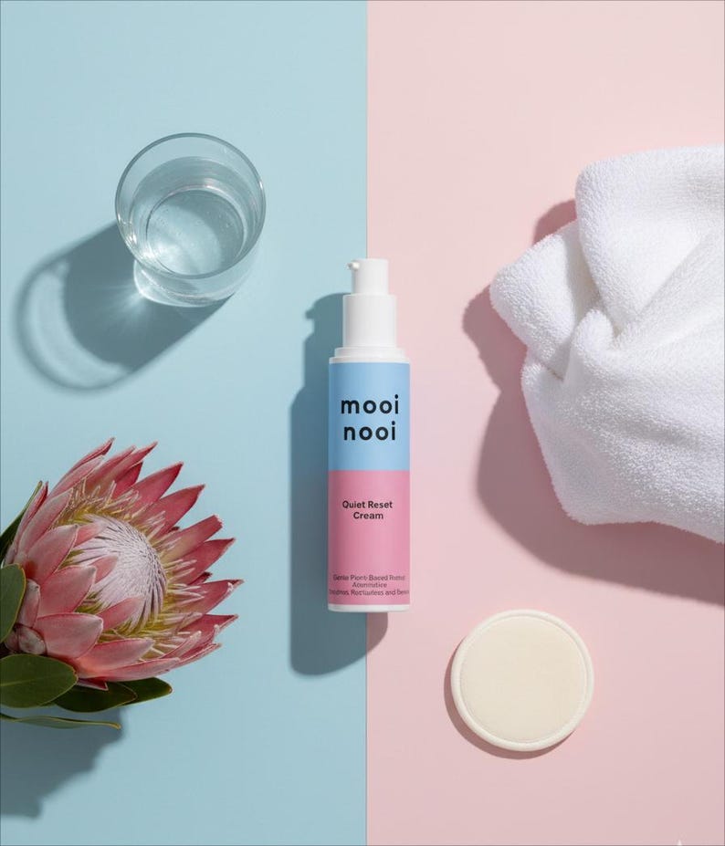 May include: A skincare product display featuring a white and blue bottle of "mooi nooi Quiet Reset Cream", a glass of water, a white towel, a round pad, and a pink protea flower. The background is split between light blue and pink.