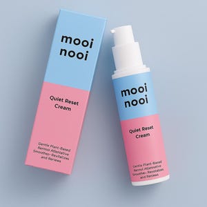 May include: A skincare product set featuring a pump bottle and a box, both with a blue and pink color scheme. The text "mooi nooi" and "Quiet Reset Cream" are visible. The packaging also includes text about the product's benefits.