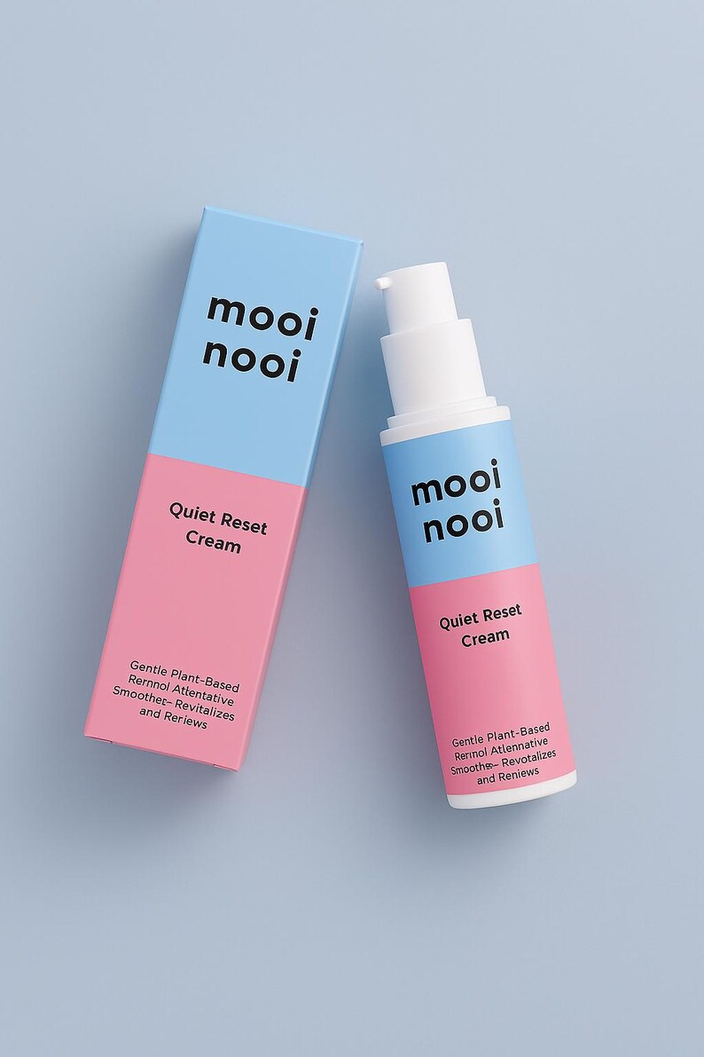 May include: A skincare product set featuring a pump bottle and a box, both with a blue and pink color scheme. The text "mooi nooi" and "Quiet Reset Cream" are visible. The packaging also includes text about the product's benefits.