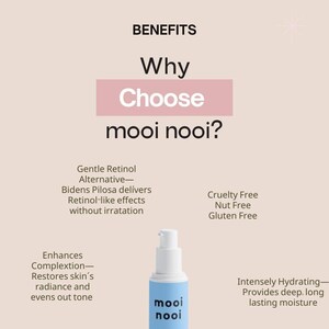 May include: A skincare product bottle with a white pump and a blue label with the brand name "mooi nooi". The image includes text highlighting benefits like gentle retinol alternative, cruelty-free, and intensely hydrating.