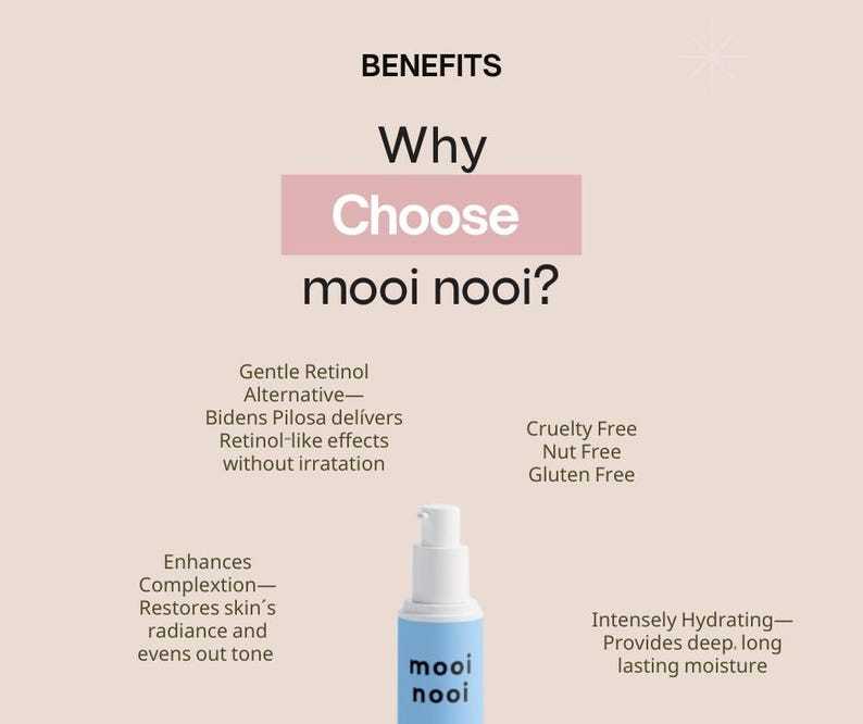 May include: A skincare product bottle with a white pump and a blue label with the brand name "mooi nooi". The image includes text highlighting benefits like gentle retinol alternative, cruelty-free, and intensely hydrating.