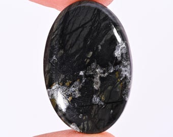 Puede incluir: Gema de forma ovalada con superficie pulida. La piedra presenta un llamativo patrón de vetas negras y blancas, con toques de oro y gris. La gema se sostiene entre dos dedos, mostrando su belleza natural.
