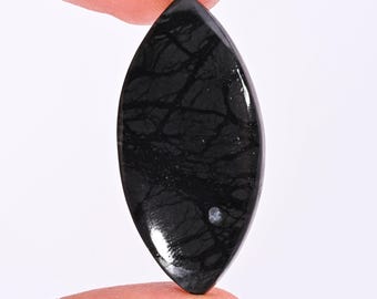 Puede incluir: Una piedra preciosa negra pulida con forma de marquesa. La piedra presenta una red de finas vetas de color claro que recorren su superficie. La gema se sostiene entre dos dedos sobre un fondo blanco.