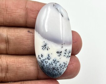 May include: An oval-shaped gemstone with a polished surface. The stone features a white base with a gradient of gray and black dendritic inclusions, resembling a landscape. The gemstone is held in a hand.