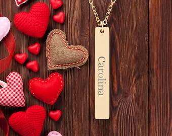 Engraved Vertical Bar Necklace | Personalized Bar Pendant, Gigt for Her, Valentines Day Gift