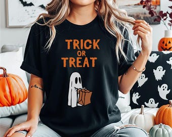 Cute Trick or Treating Ghost Halloween T-Shirt, Halloween Costume Tee, Funny Ghost Shirt, Spooky Trick or Treat Top, Halloween Party Apparel