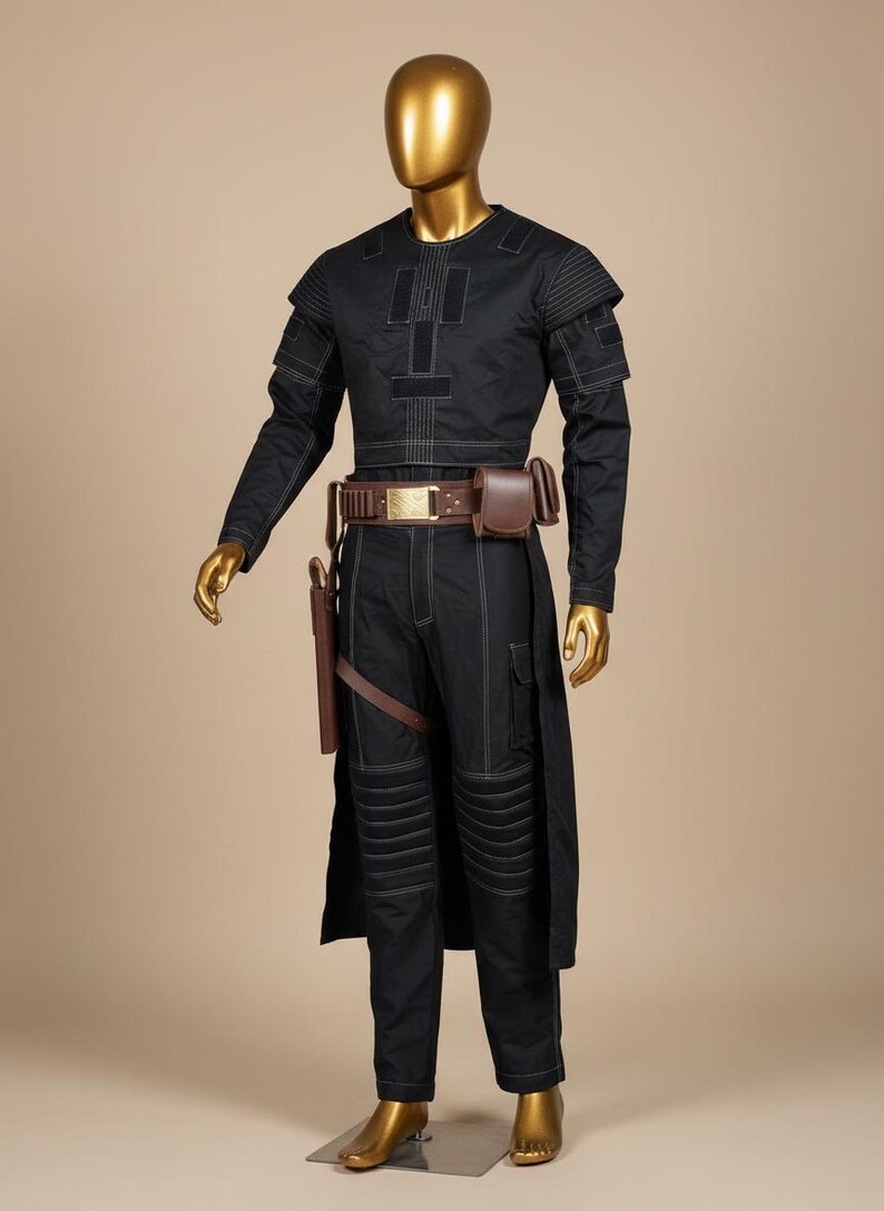 May include: Black costume with white stitching, featuring a long-sleeved top, pants, and a long coat. The outfit includes a brown belt with a gold buckle, a holster, and a pouch. The mannequin has a gold head and hands.
