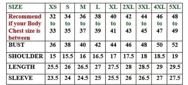 May include: A size chart with measurements for bust, shoulder, length, and sleeve. The chart includes sizes XS to 5XL, with corresponding body chest sizes in inches. The chart also lists the bust, shoulder, length, and sleeve measurements in inches.