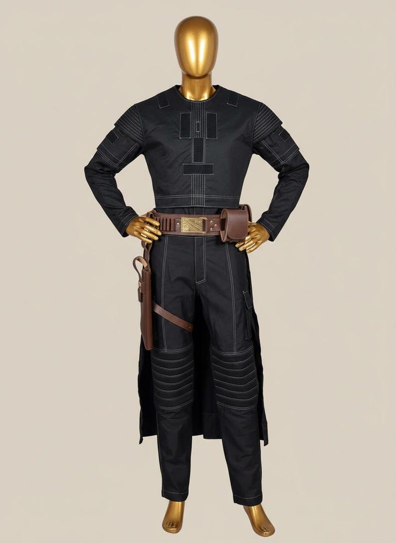 May include: Black costume with white stitching, displayed on a mannequin. The outfit includes a long-sleeved top, pants, and a brown belt with a pouch. A holster is attached to the belt. The mannequin has a gold head and hands.
