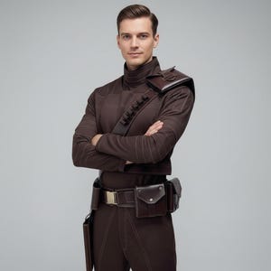 May include: A brown costume with a high collar, shoulder armor, and a utility belt with pouches. The outfit has a tailored fit with vertical and horizontal stitching details. The model is standing with arms crossed.