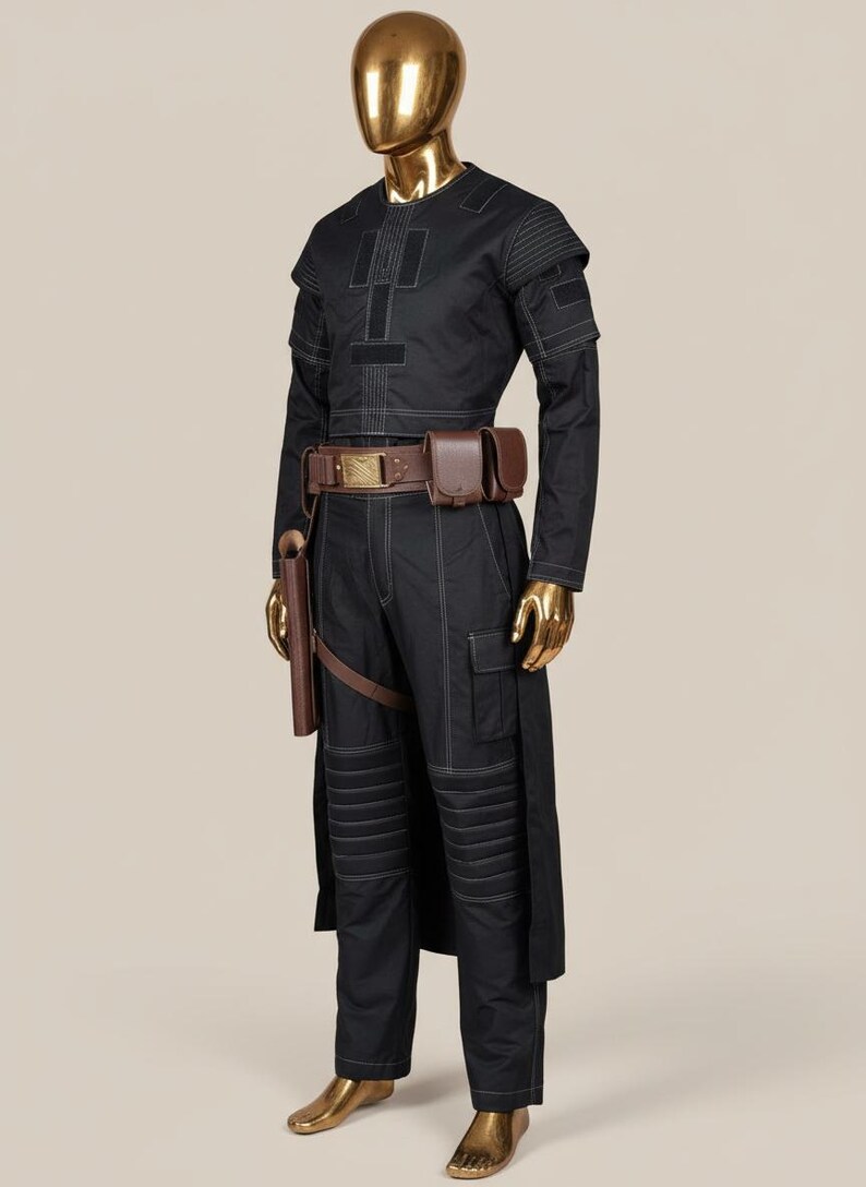 May include: Black costume with white stitching, displayed on a gold mannequin. The outfit includes a long-sleeved top, pants, and a belt with pouches. A holster is attached to the belt. The costume has a futuristic or sci-fi aesthetic.