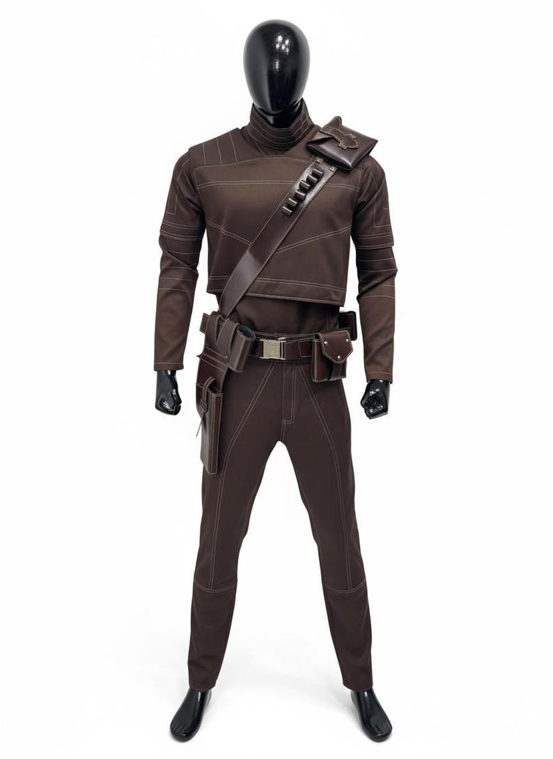 May include: A brown costume with white stitching, displayed on a mannequin. The outfit includes a long-sleeved top, pants, and a belt with pouches. A shoulder strap and additional pouches are also visible. The costume is designed with a high collar.