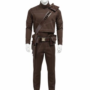 May include: Brown costume with white stitching, featuring a high-collared top, pants, and a utility belt with pouches. A shoulder strap with a rectangular pouch is also included. The outfit is displayed on a mannequin.