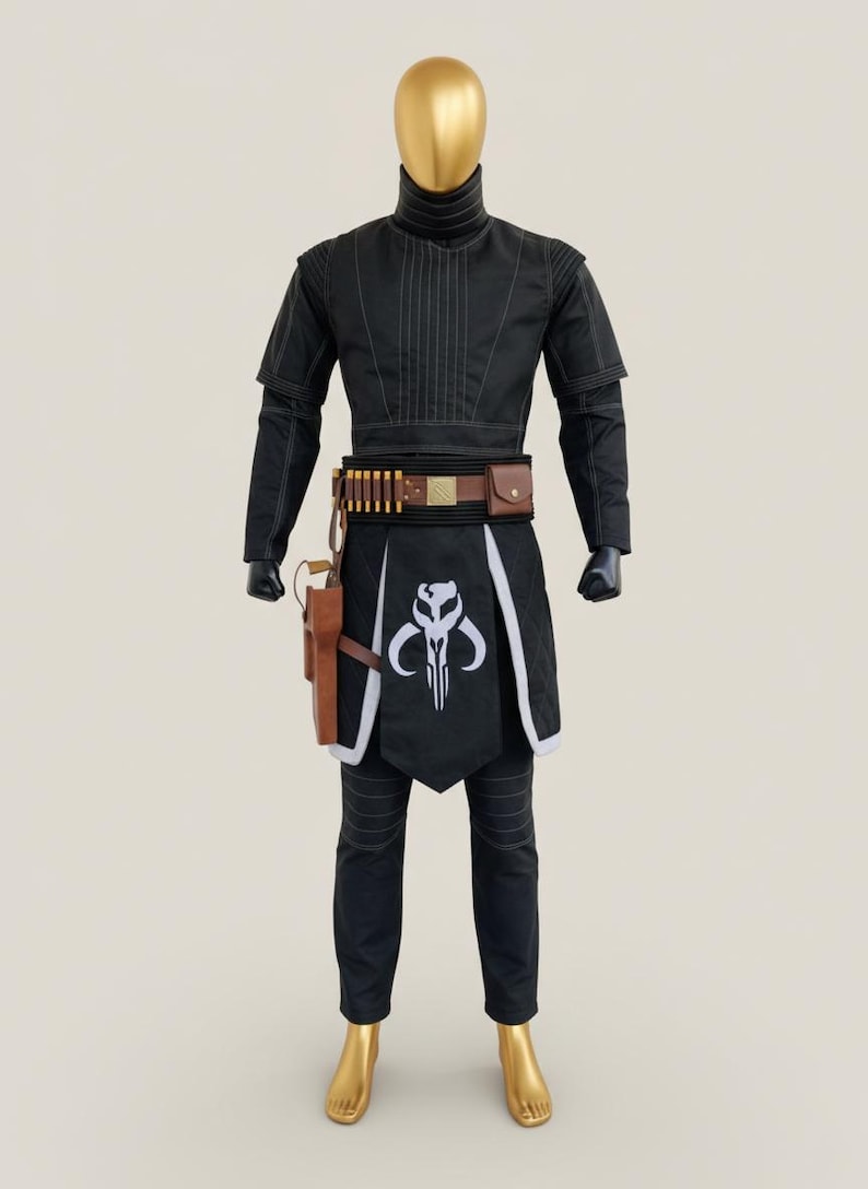 May include: Black costume with a high collar, featuring a white-edged apron with a skull emblem. Includes a brown belt with ammo and a holster. The mannequin has a gold head and feet.
