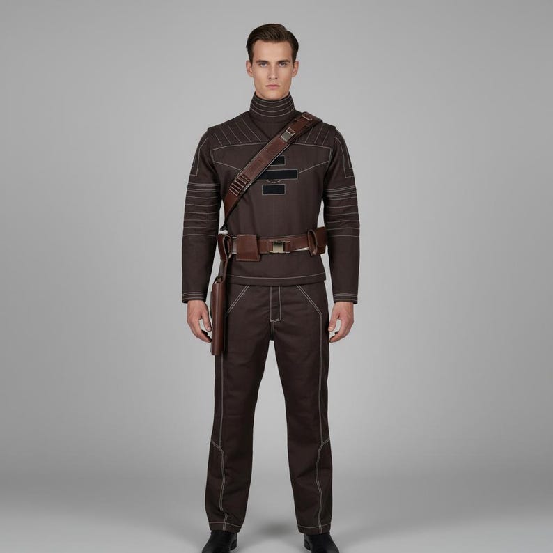 May include: A brown costume with white stitching, featuring a high collar, long sleeves, and matching pants. The outfit includes a brown leather belt, shoulder strap, and holster. The costume is designed with a futuristic or sci-fi aesthetic.