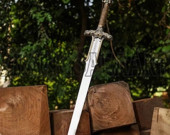 Handgjort Conan Barbarsvärd: Graverad stålvikinggåva med läderöverdrag